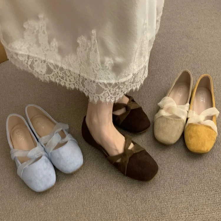 OJRZ仙女风丝带交叉芭蕾舞鞋女2025夏季新款时尚百搭单鞋豆豆鞋