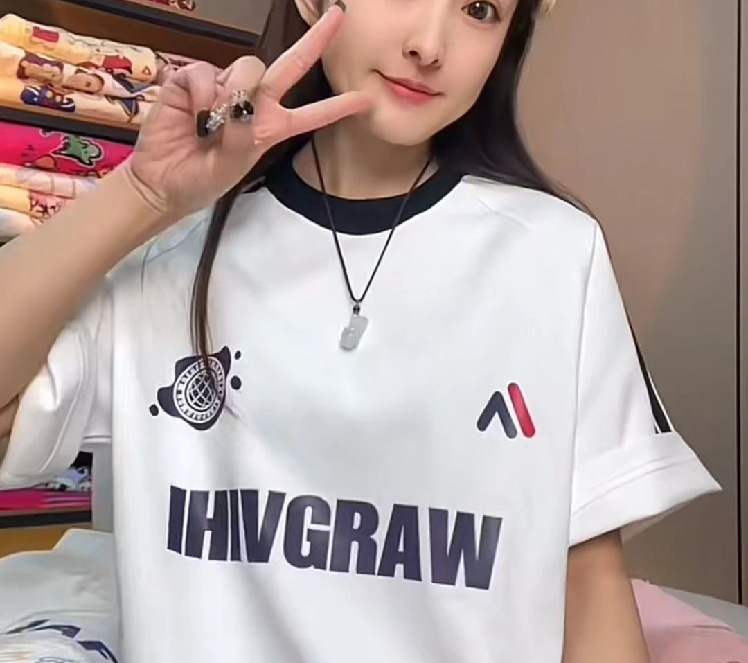 LL2025新款早春插肩袖白色时尚休闲宽松印花韩版卡通运动纯棉T恤