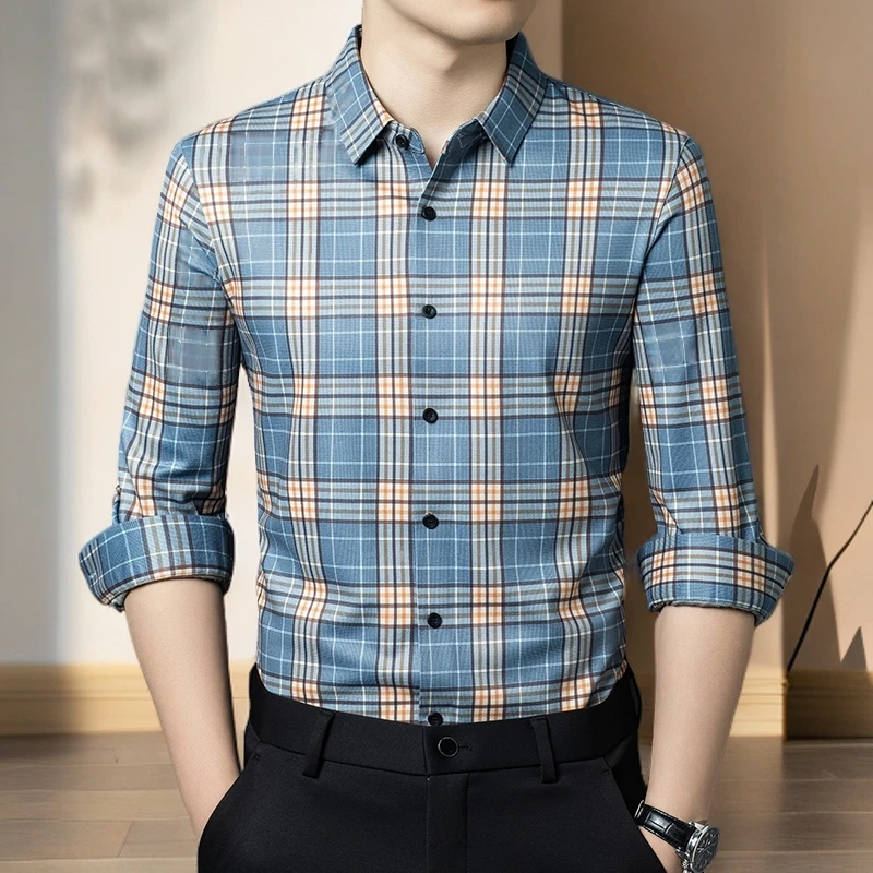 男士商务衬衫新款长袖格子衬衣免烫秋春秋季潮流打底衫韩版时尚上