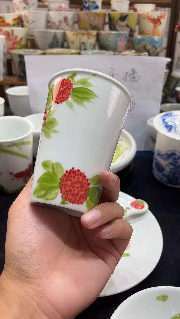 瓷片景德镇高温釉下手工手绘高白泥陶瓷大吉大利荔枝可乐杯