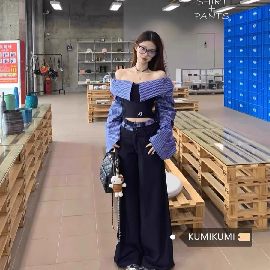 韩国小镇~辣妹一字肩条纹拼接衬衫春季休闲裤百搭阔腿长裤两件套