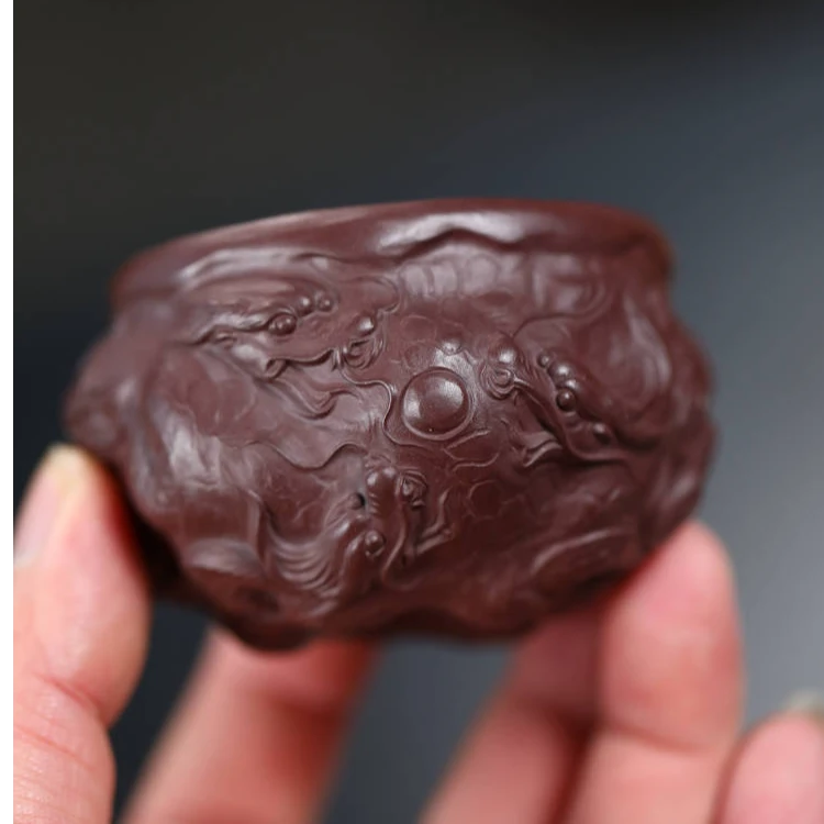 宜兴紫砂九龙主人杯纯手工原矿泥料高端茶器浮雕紫泥小口杯高端