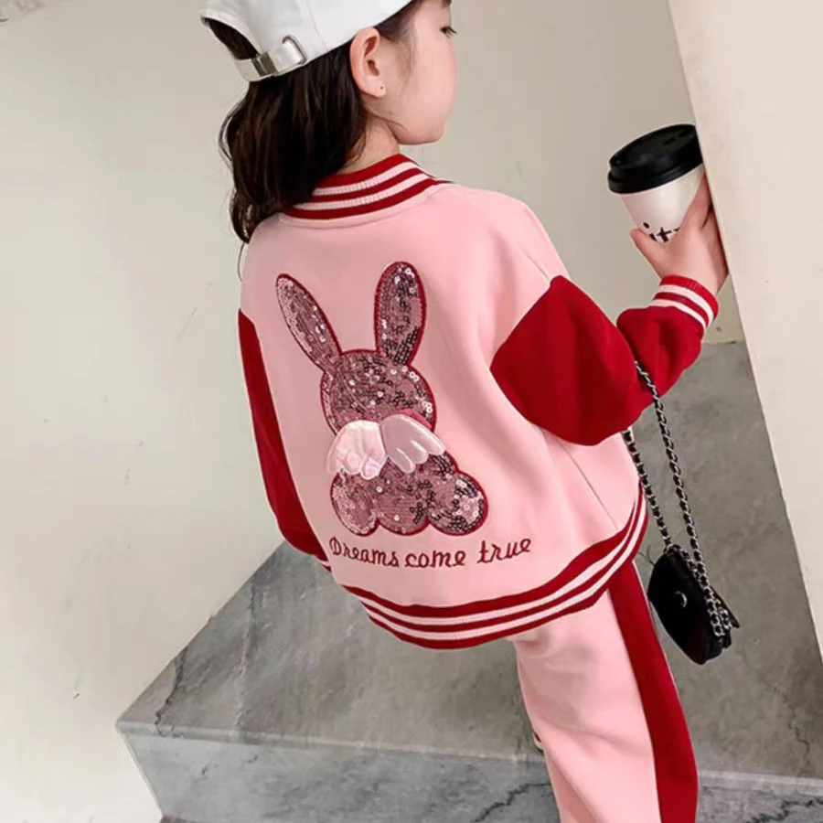 早春女宝宝秋季亮片兔时髦棒球服套装春款女童洋气套装SJ-J-C622