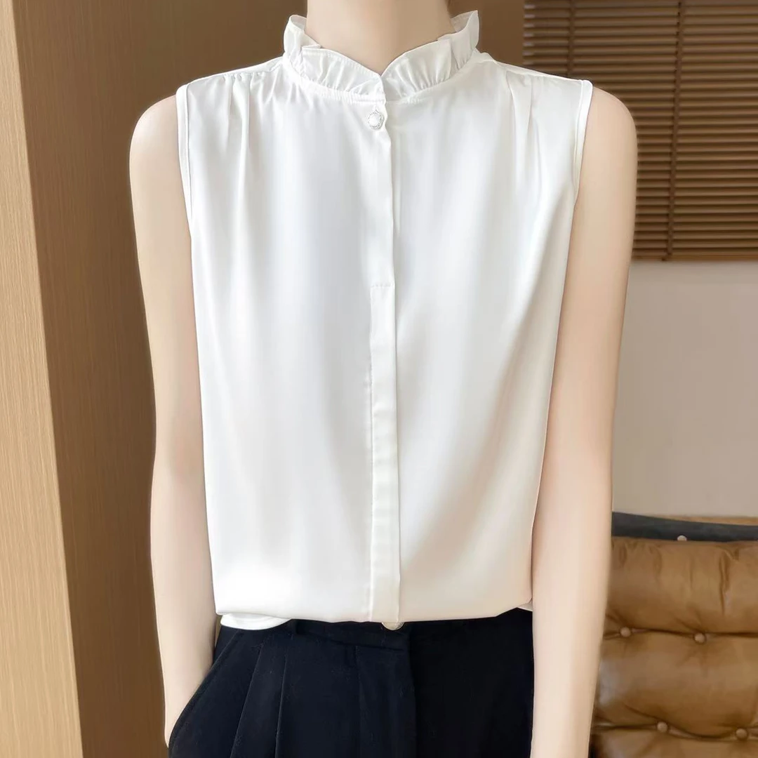 新款中式缎面无袖衬衫木耳领内搭打底背心上衣纯色时尚显瘦