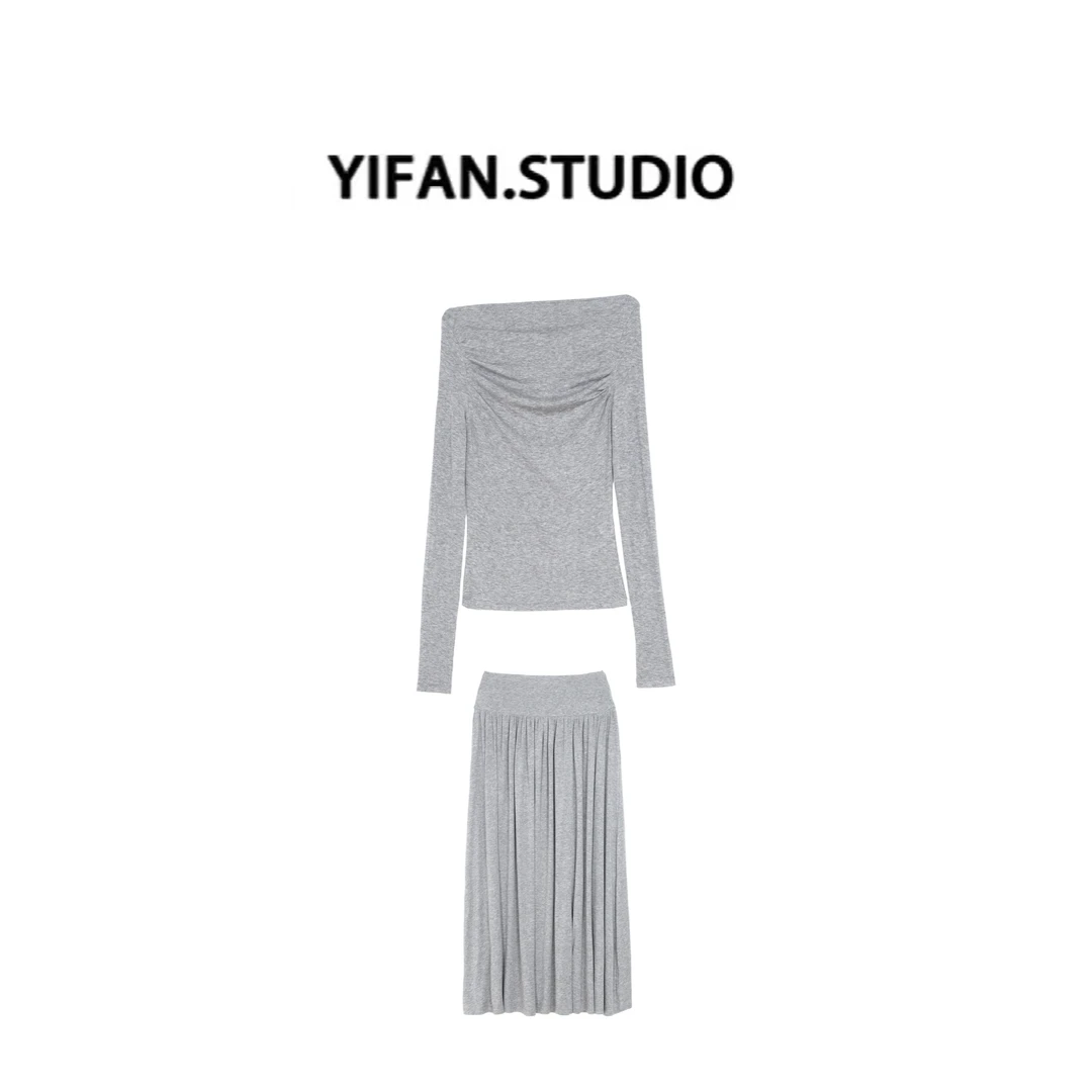 YIFAN 早秋新款休闲时尚一字肩上衣裙子套装XM2488