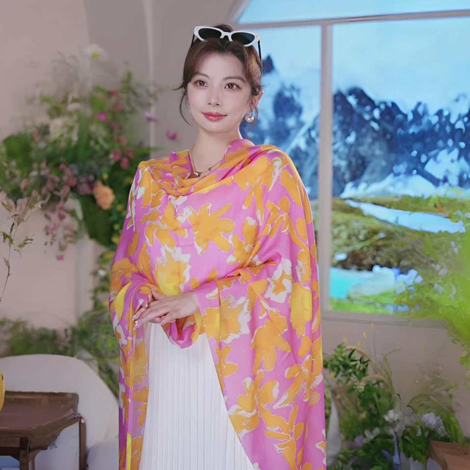 奢凌羊【格桑花】百搭玫红旅游羊绒披肩空调巾女士气质披肩长款时尚