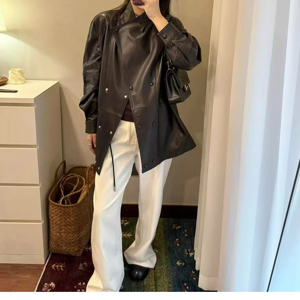 法式简约时尚气质百搭翻领单排扣皮衣外套夹克H9125