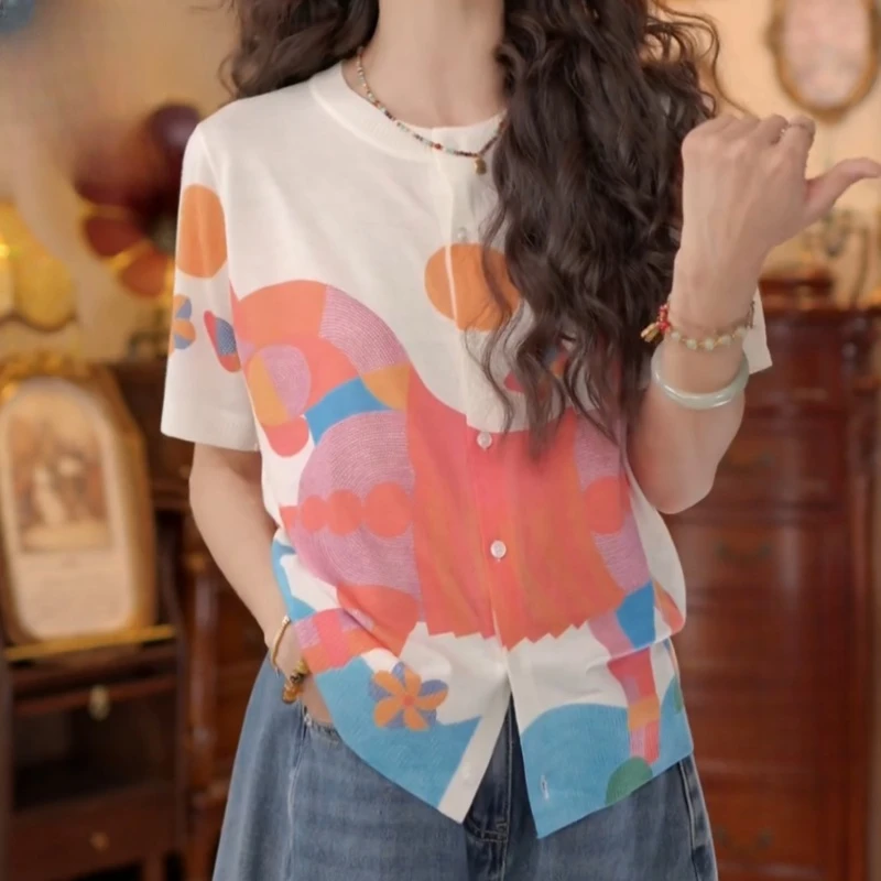 【艺术拼图】港风复古拼接夏季短袖休闲上衣LK2504402