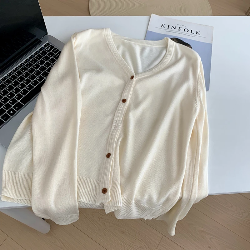 韩系V领灰色长袖毛针织开衫2025早秋早春新款薄款毛衣外套上衣女