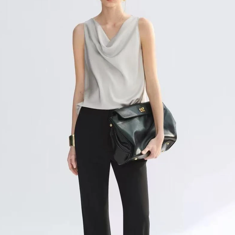 朗家法式无袖荡领缎面背心休闲时尚简约