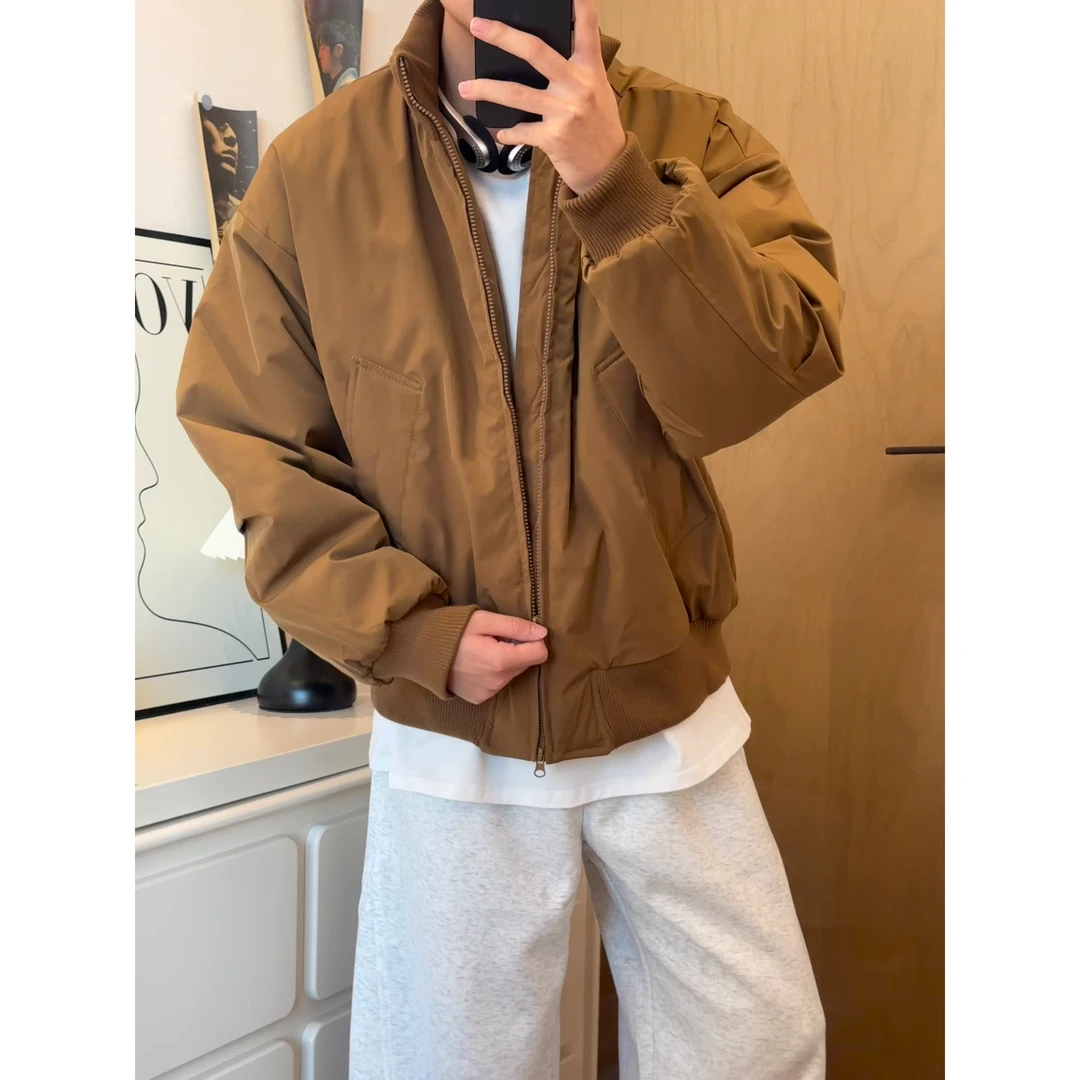 棕色美式立领飞行员夹克棉服男秋冬穿搭美拉德短款棉衣外套棒球服