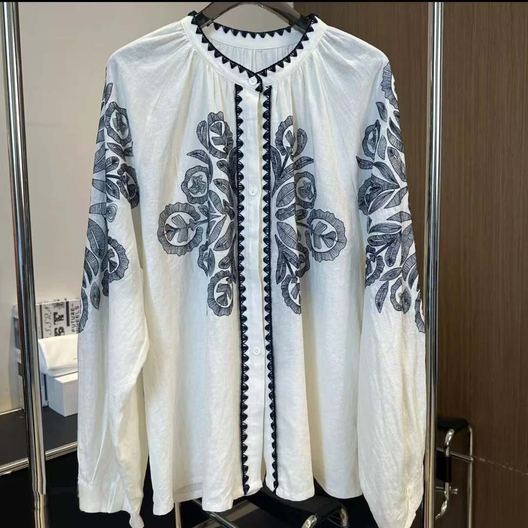 【雅姐专属】包上恩同款 亚麻重工刺绣民族度假轻薄衬衫251427