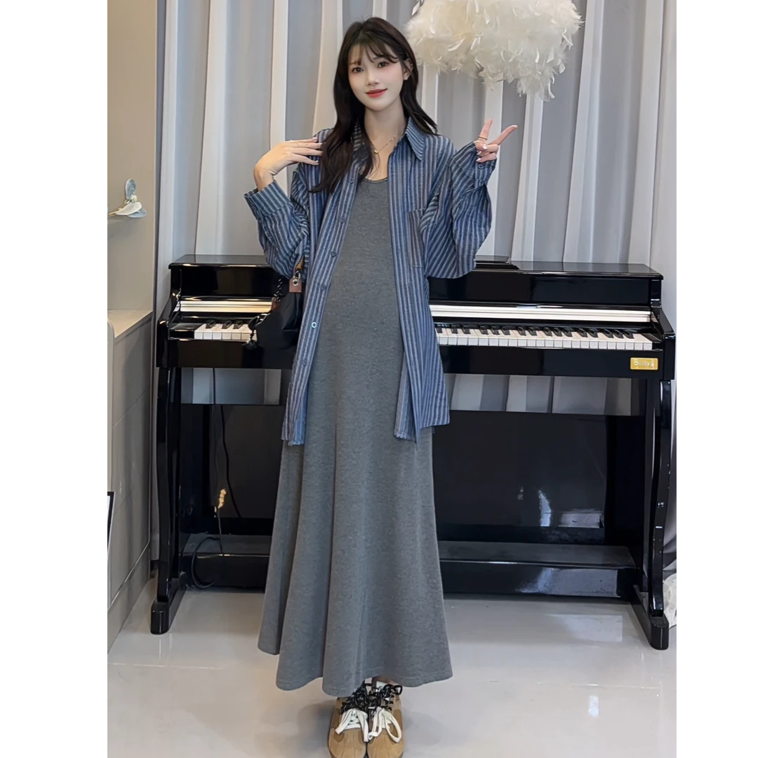 「圈圈优选」2025秋季新款韩系慵懒条纹衬衫背心连衣裙两件套孕妇装