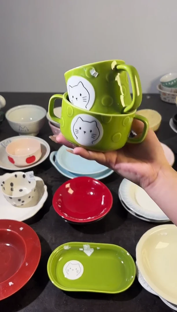 陶直播微瑕绿色单杯+双耳碗