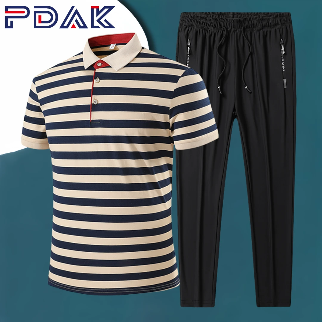 PDAK男士夏季新款条纹短袖套装2025男士商务休闲POLO衫长裤两件套