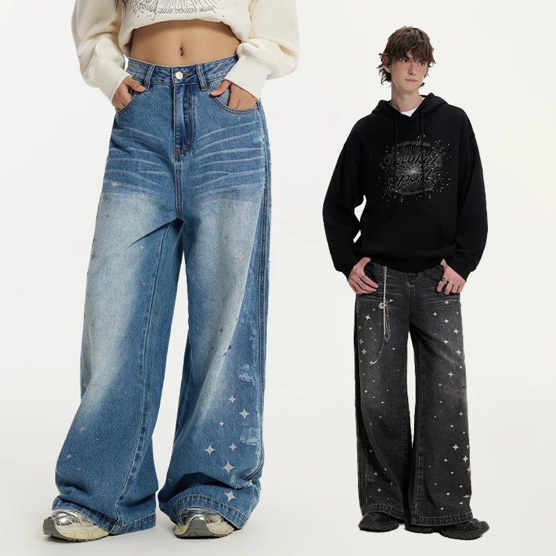 YKYB2025秋季新款水洗休闲星轨银粉宽松直筒牛仔裤Y53NNK070