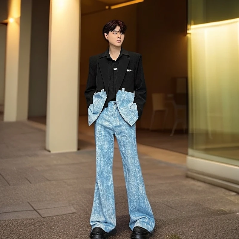 小众设计牛仔休闲西装两件套男高级感痞帅炸街烫钻西服阔腿裤套装