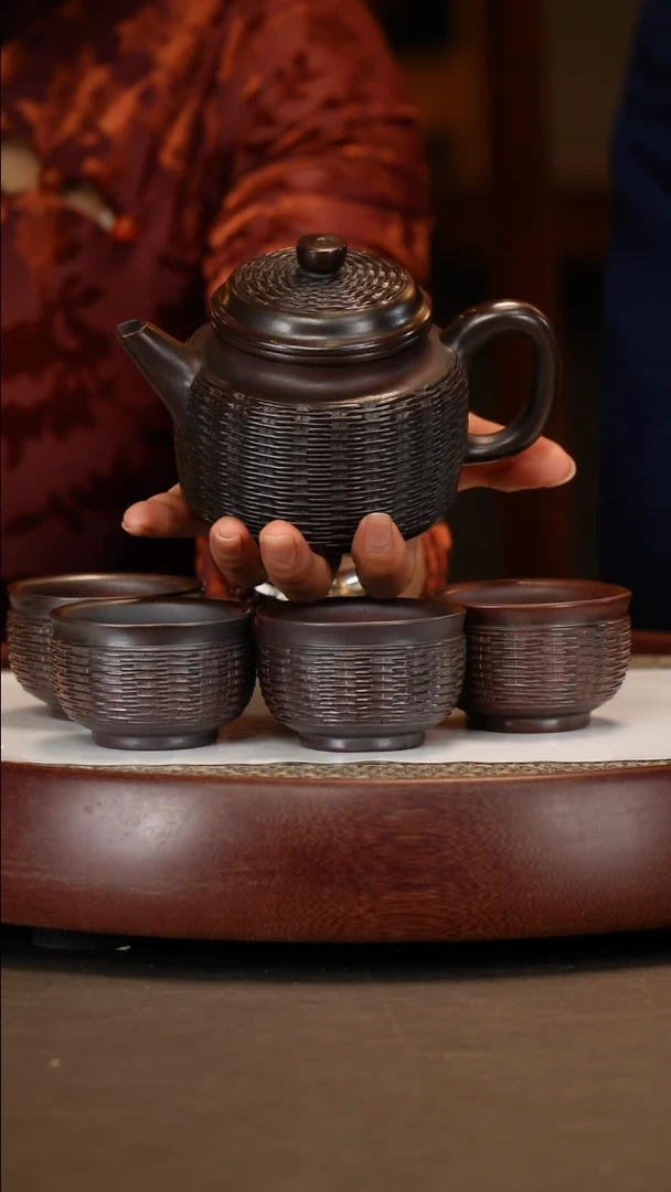 【闪购商品】紫砂茶壶【鲍宜明】古乌泥 竹编德钟套组