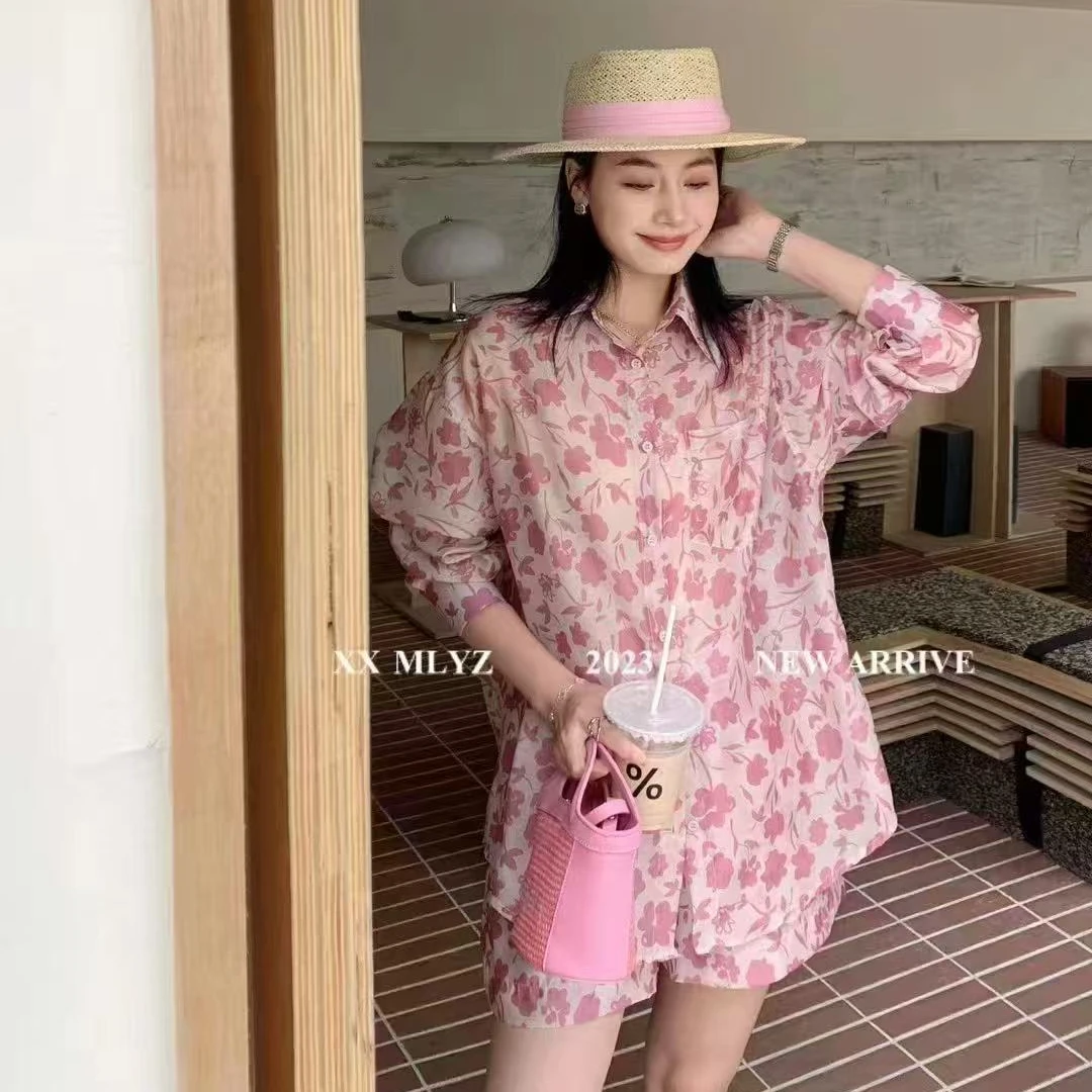 港风复古碎花衬衫短裤套装 2377