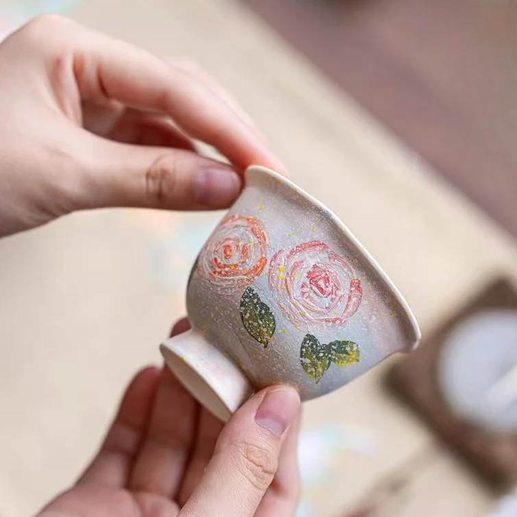 【小璟鹅】粉玫瑰-花口杯  手绘陶瓷主人杯家用茶杯女士品茗杯 65ml