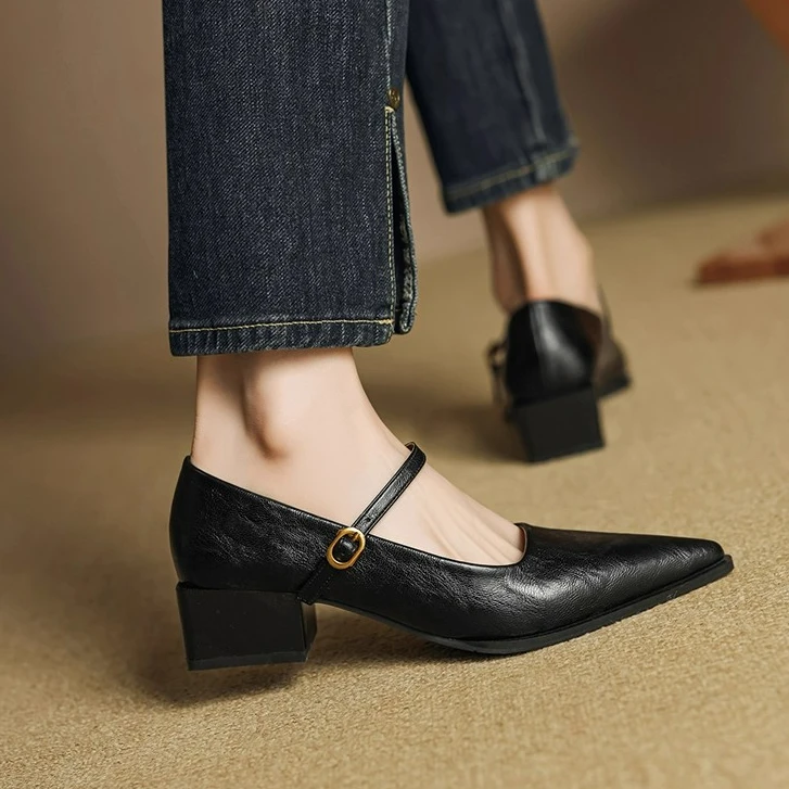 冬日约会~尖头复古玛丽珍鞋软皮一字带浅口粗跟单鞋女高跟通勤鞋