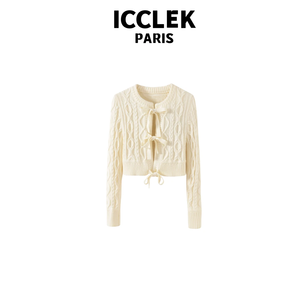 ICCLEK 白色圆领蝴蝶结长袖针织衫 气质 轻奢 名媛 -3508