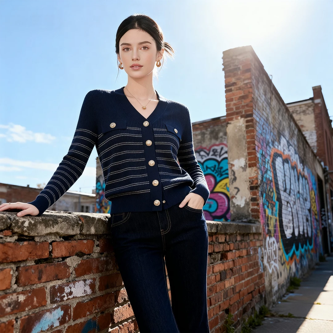 高工艺小香风针织衫金线挑空曲珠开衫外套上衣条纹毛衣