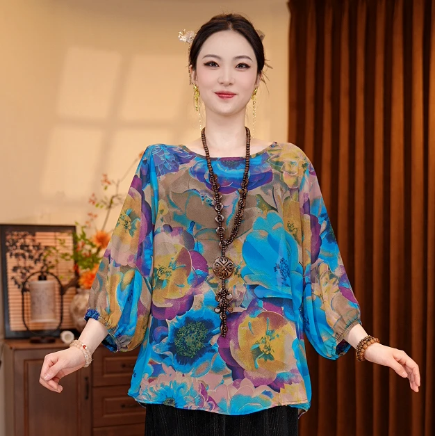 184/夏季通勤风连衣裙中国风女装印花不规则款中袖单排扣