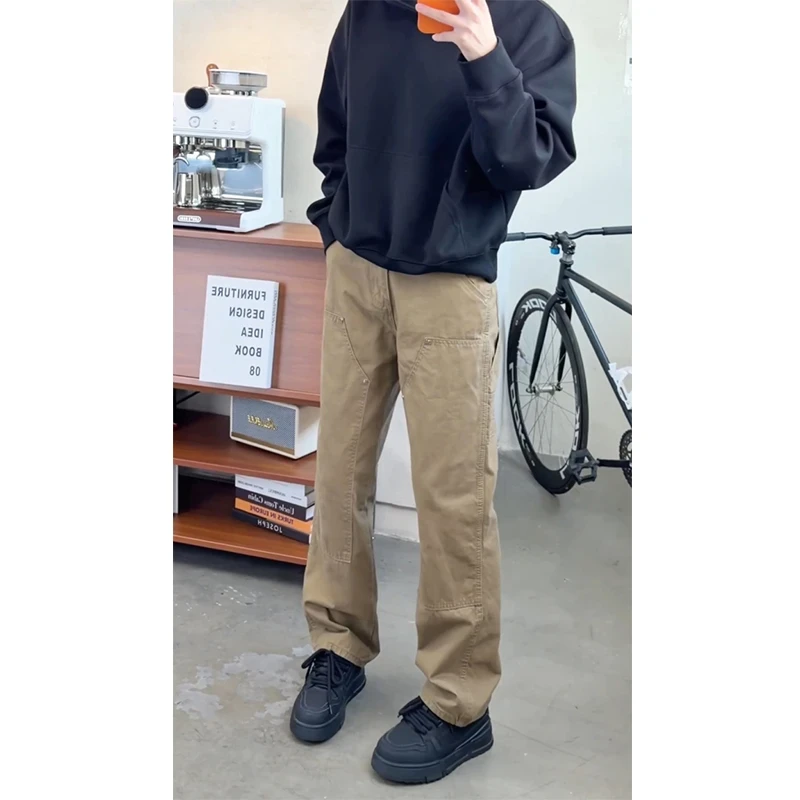 卡其色伐木工装裤男款秋冬美式复古水洗宽松垂感裤子休闲直筒长裤