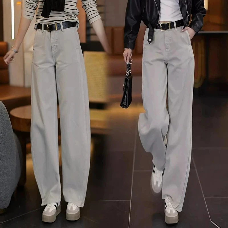 莫兰迪灰弯刀牛仔裤女2025年春秋新款高腰显瘦春季窄版镰刀阔腿裤