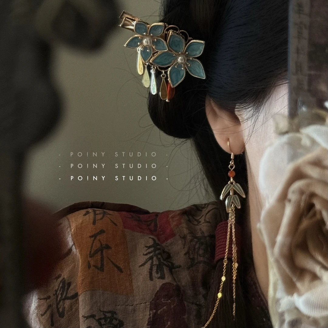 蓝花珍珠水滴发夹古风汉服配饰侧边夹子超仙小众设计感头饰发饰