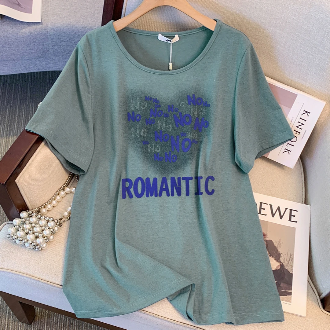 胖mm渐变色爱心字母圆领正肩T恤夏季2025新款宽松大码女装上衣