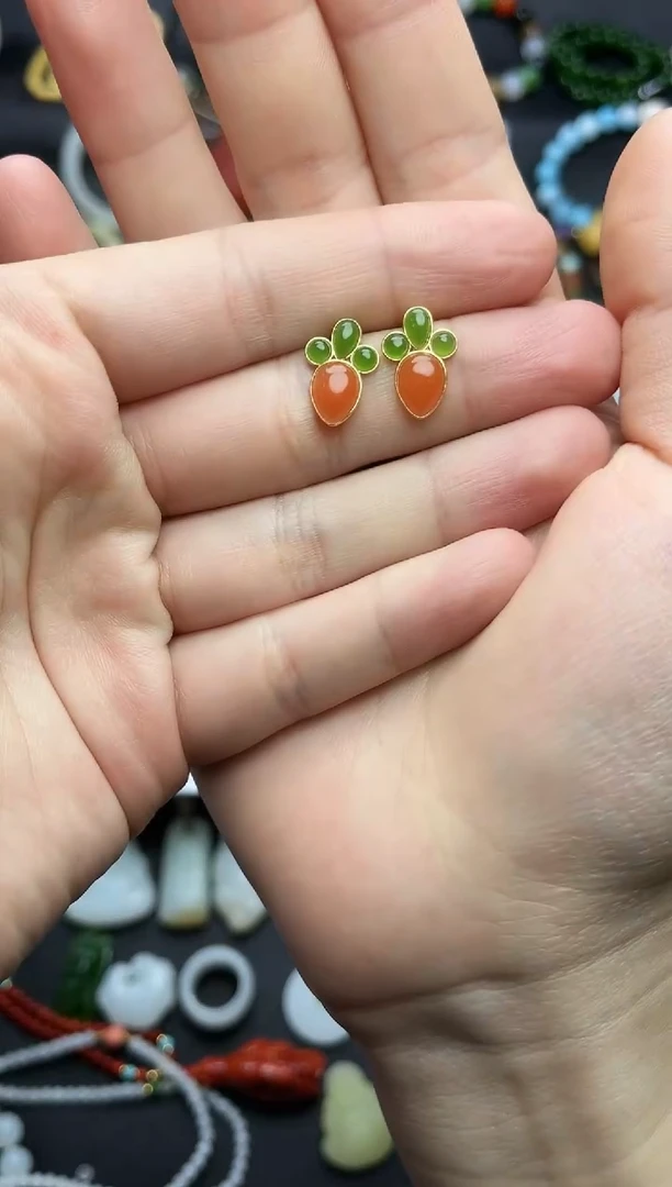 银S925镶嵌耳饰南红玛瑙胡萝卜耳钉06