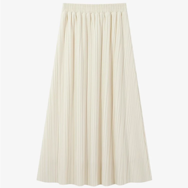 羊城故事-杏色压褶毛呢半身裙女条纹宽松长裙Y41045711