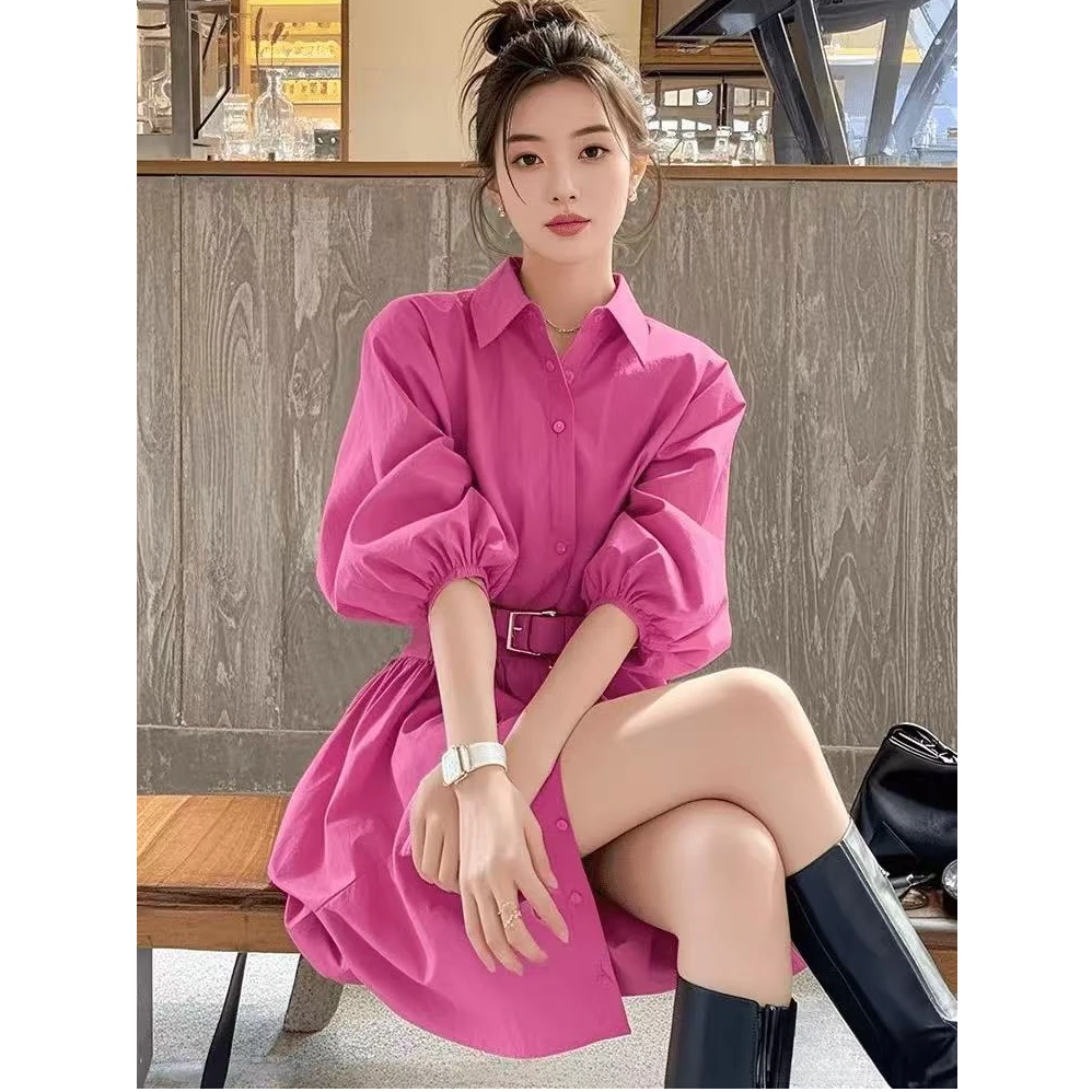 御姐穿搭轻奢高级感小众玫红色翻领连衣裙女2025年春季气质衬衫裙