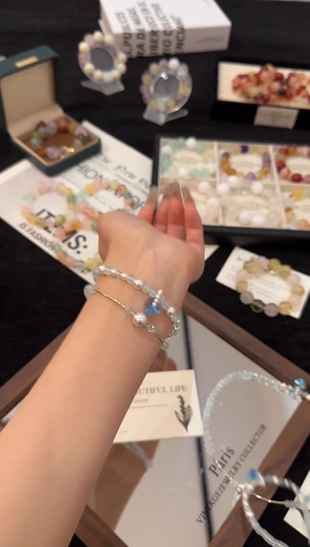 银S925镶嵌手链水晶海蓝宝双圈x2327