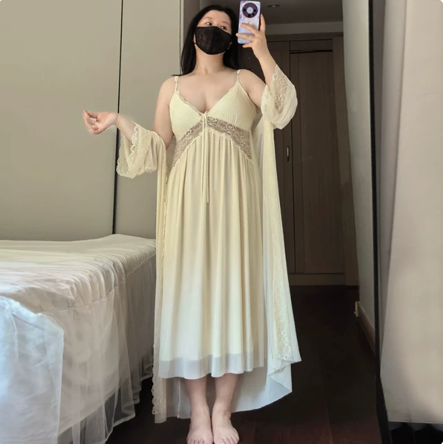 胖mm2025新款睡衣女法式很仙的性感吊带睡裙睡袍带胸垫两件套
