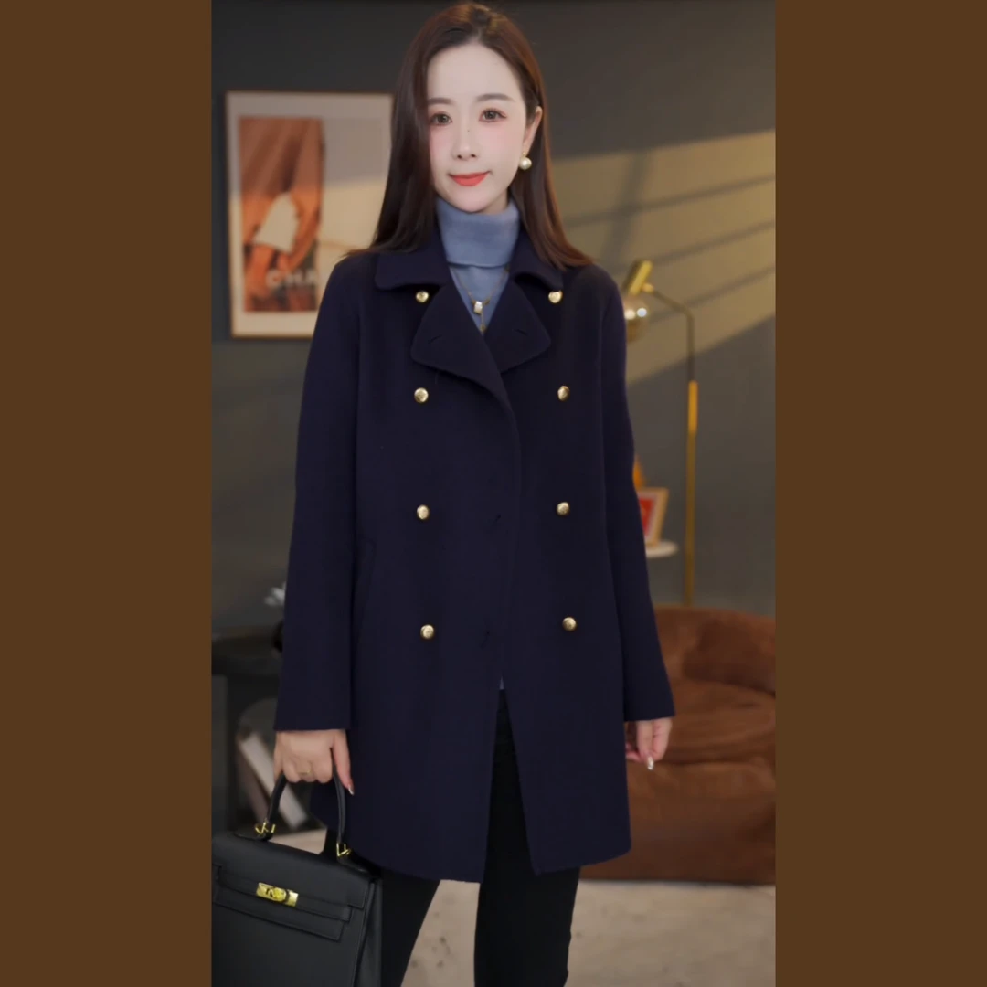 【春兰专属】曼贝8584414秋冬新款高端百搭长袖双面羊绒大衣海军蓝