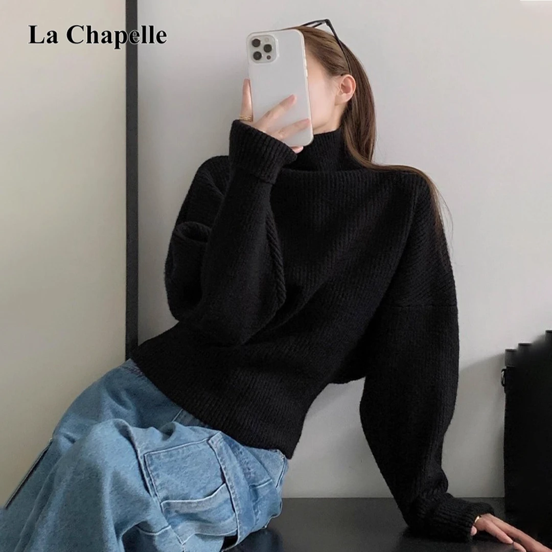 拉夏贝尔小个子超好看黑色高领套头毛衣女装秋冬宽松慵懒风针织衫