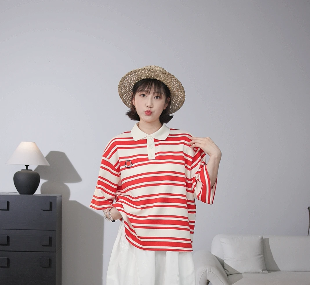 【兜兜家】原宿风设计感刺绣宽条纹显瘦POLO衫