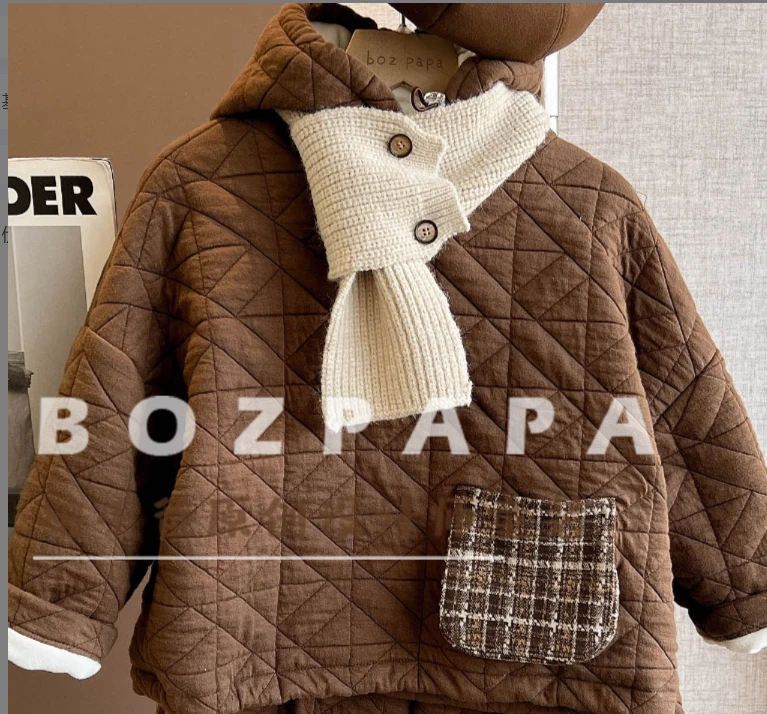 设计师【焦糖时光】2025冬新款男童加绒菱形格连帽套头