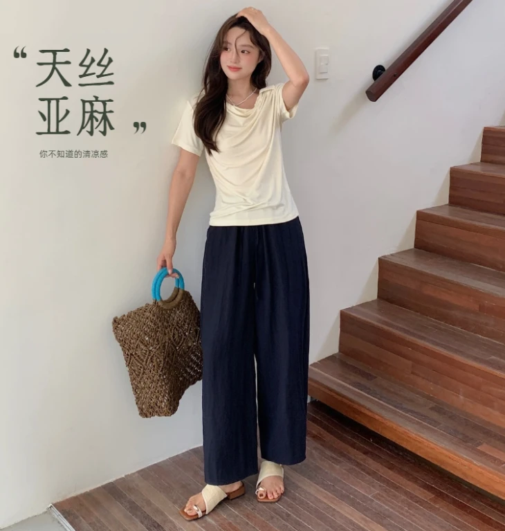 亚麻老钱风老钱风莱赛尔天丝抗皱阔腿裤高腰老钱风纯欲慵懒风女装