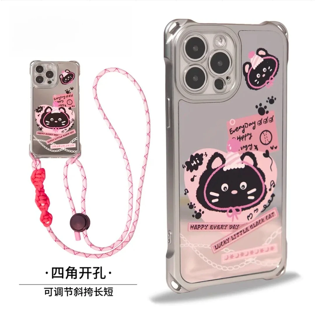 新款潮牌粉调黑猫电镀四角挂绳镜面手机壳搭配手绳