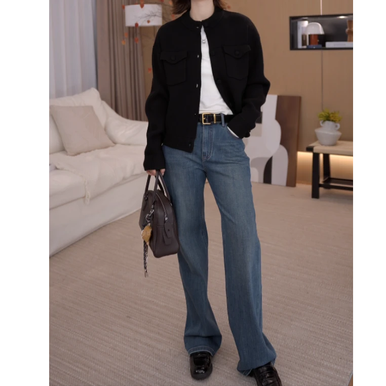 老马malinlin 四面弹牛仔裤高腰女装韩版直筒裤