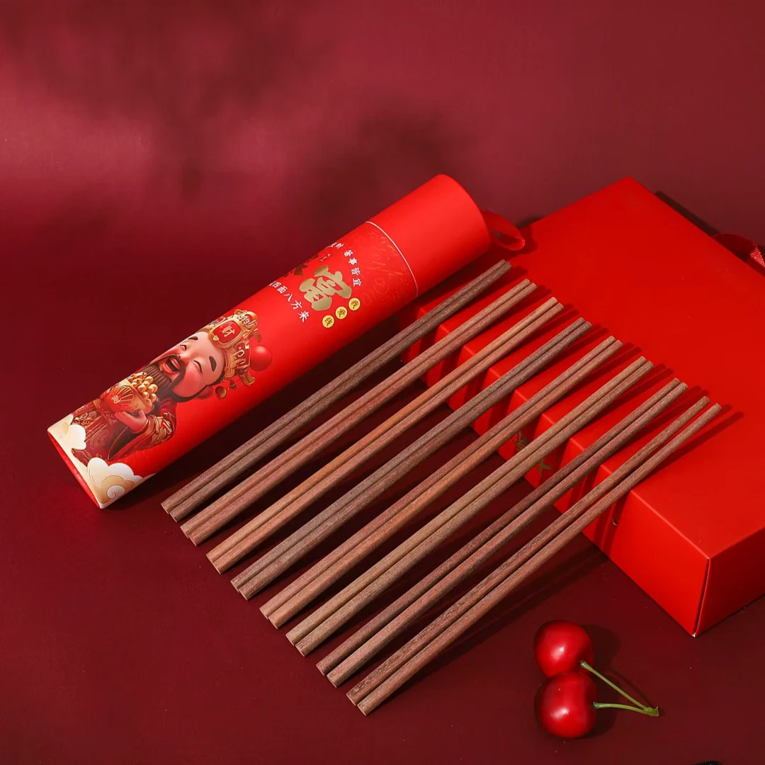 J019#无蜡无漆礼盒装红檀木8双年味筷子