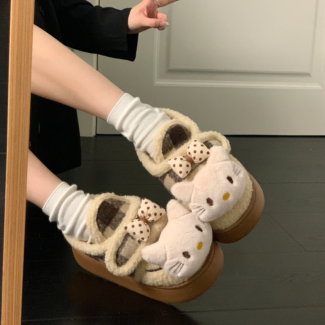 可爱蝴蝶结魔术贴雪地靴女2025秋冬新款厚底增高加绒保暖毛毛棉鞋