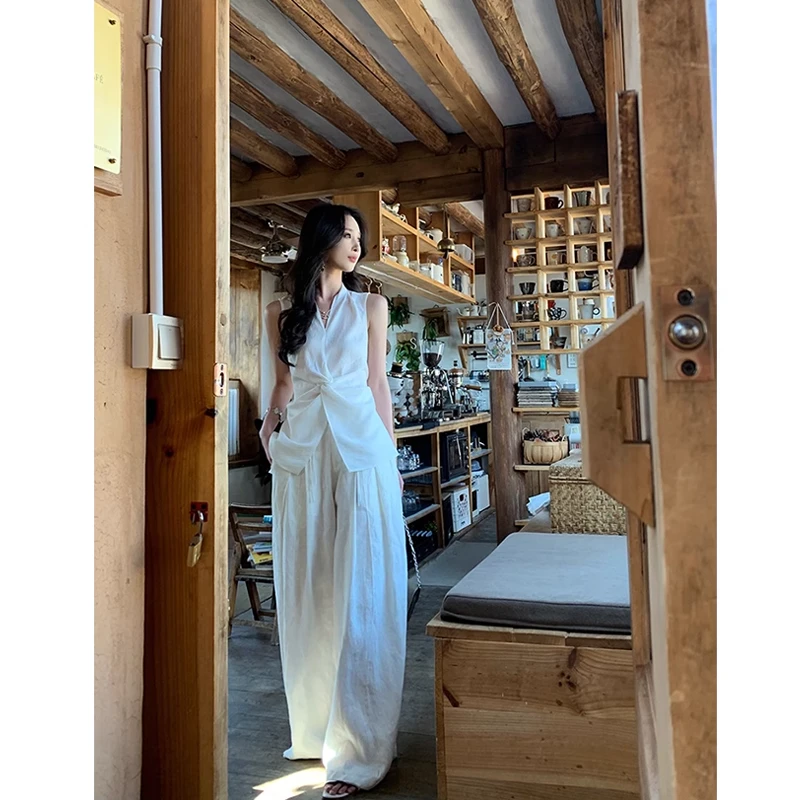 by onion 松弛感高腰垂感休闲裤女春夏季100苎麻裤百搭宽松阔腿裤