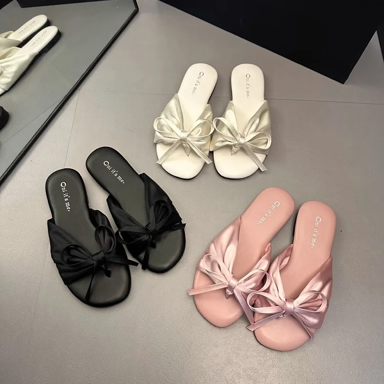法式温柔平底蝴蝶结夹趾拖鞋女夏外穿时尚软底一字拖度假凉拖凉鞋