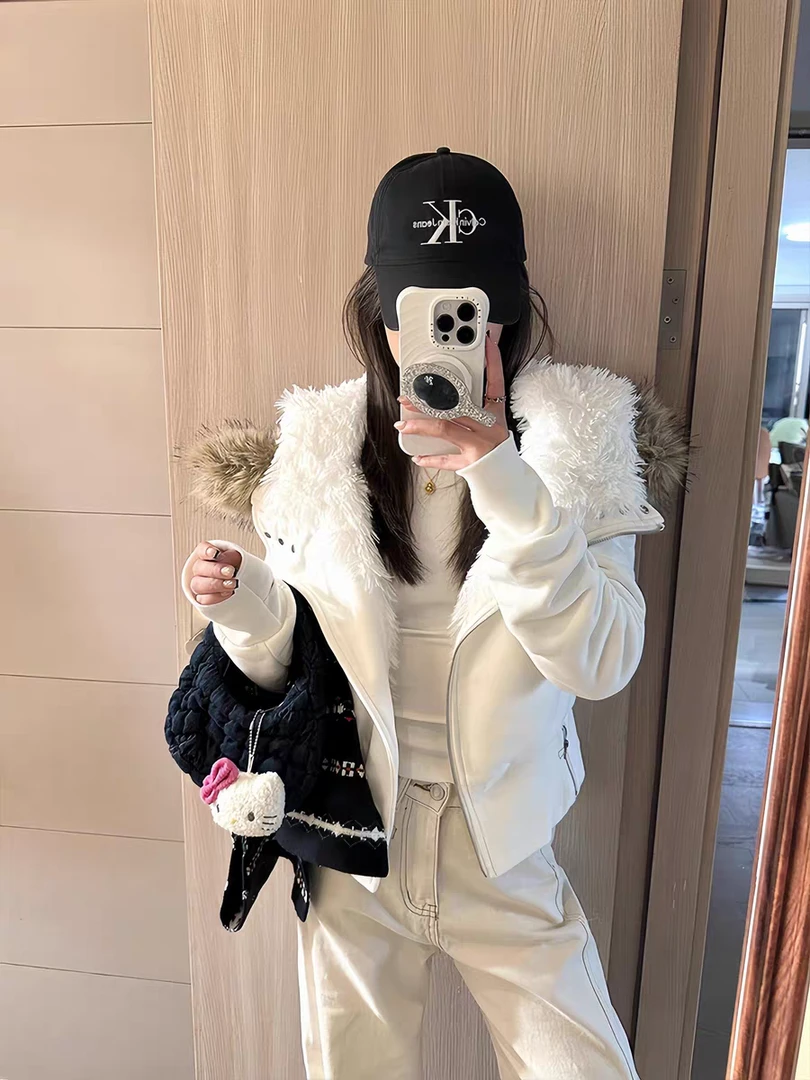 座山雕毛领连帽卫衣外套女秋冬季加绒加厚新款时尚洋气百搭女装