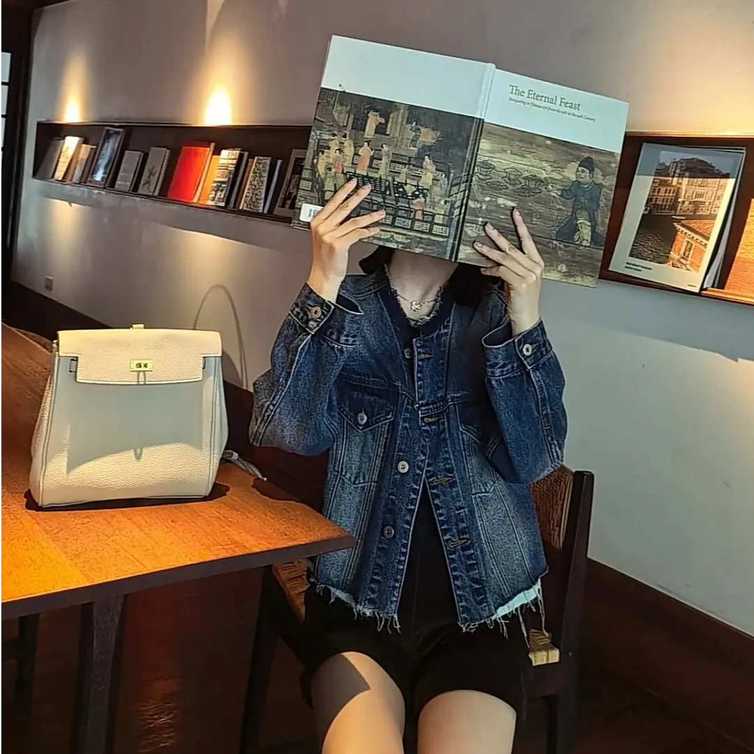 Aixiaomei/爱小美法式无领毛边复古牛仔外套WT-442